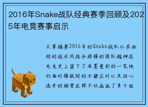 2016年Snake战队经典赛季回顾及2025年电竞赛事启示